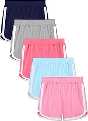 [Resinta] 5 Packs Girls Running Shorts Quick Dry Active Shorts Polyester Kids Athletic Shorts Workout Dolphin Shorts