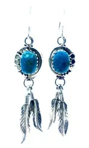 Navajo Handmade Sterling Silver Kingman Turquoise Hook Earrings By Etta Larry