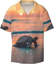 [EdWal] Sea Turtle Sunset Print Men's Print T Shirts Short Sleeve Polo Shirts Casual Summer Beach Shirt for Men