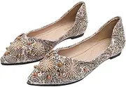 [ETORYOOX] Women's Satin Rhinestone Fashion Dress Flats,Comfortable Closed Pointed Toe Leisure Soft Memory Foam Insole Slip-On Ballets Flats,for Wedding Driving Dating Classical Walking
