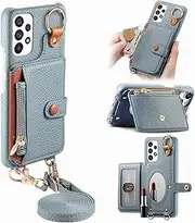 Durable Removable Crossbody Wallet Phone Case for Samsung Galaxy A32 5G, Zippered Purse,Ring Holder,Integrated Mirror,Card Slot,Multi-Angle Stand in Elegant Pebbled Leather Cover(Light Blue)
