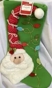 Holiday Time NWT Christmas Stocking Santa & Lights 3D Plush Green Felt 20” FLAW