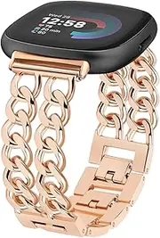 JR.DM Gold Watch Bands for Women Compatible with Fitbit Versa 4/Versa 3/Fitbit Sense 2/Sense Band Adjustable Metal Strap Cowboy Steel Chain Bracelet