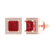 2.3ct Princess Round Cut Halo Red Ruby Stud Solitaire Earrings 14k Rose Gold