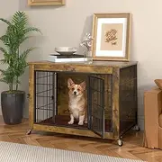 Dog Crate Furniture with Cushion, 32 Inch Wooden Dog Kennel Furniture Indoor, Heavy Duty Dog Crates for Small Medium Dogs, Dog Cage with Wheels, Chew Resistant, Double Doors Dog House, Rustic Brown