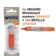 Pilot V Board Master Whiteboard Marker Bullet- 2x ORANGE markers + 10x REFILLS