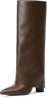 [Modatope] Knee High Boots Women Fold Over Knee High Boots Chunky High Heels Long Boots Zipper Pointed Toe Dress Tall Boots for Women