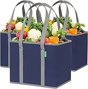 Reusable Grocery Shopping Box Bags (3 Pack - Blue/Gray). Stylish, Premium Quality, Heavy Duty Tote Set with Extra Long Handles & Reinforced Bottom. Foldable, Collapsible, Durable and Eco Friendly