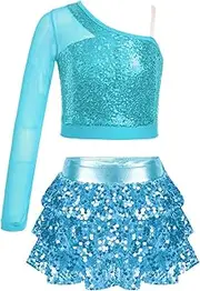 [Linjinx] Kids Girls Jazz Dance Outfit Sheer Mesh One Shoulder Sequin Crop Top with Skirt Performance