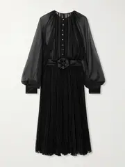 [Dolce & Gabbana] Dolce & Gabbana - Satin-trimmed Belted Pleated Chiffon Midi Dress - Black - IT42 IT 42 Black