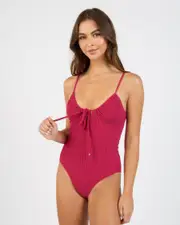 [Rhythm] Rhythm Women's Isla Rib Tie Front One Piece Bathing Suit in Sangria Red Size 12 12 Sangria Red