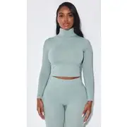 Shape Sage Green Stretch Seamless High Neck Long Sleeve Top, Sage Green