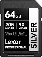 Lexar Professional Silver SD Card 64GB, Up to 205MB/s Read, 140MB/s Write, SDXC UHS-I Memory Card, Class 10, U3, V30, SD Card for DSLR, Camera, Professional Photographers, Videographers, Enthusiasts