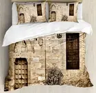 Rustic King Size Duvet Cover Set Stone House Sepia View with 2 Pillow Shams