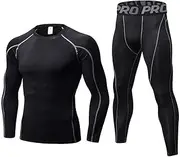 [Lanbaosi] Mens Workout Compression Set Pants and Long Sleeve Shirts Winter Warm Thermal Base Layer Top & Bottom