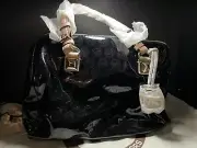 Michael Kors Logo Grayson Monogram Metallic Mirror Boston Satchel Gold Lining