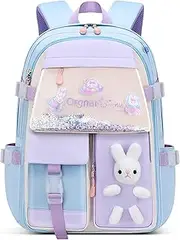 [TOMVAES] School Backpack for Girls, Cute Bunny Backpack, Waterproof Bookbag Preschool Backpacks Elementary School Bags with Refrigerator Front Pocket