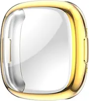 [QINOUK] Case for Fitbit Versa 4/Fitbit Sense 2 with Built in Screen Protector, [Anti-Scratch] Electroplated Soft TPU Thin Cover for Fitbit Versa 4/Fitbit Sense 2-Gold