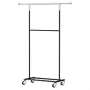 Artiss Heavy Duty Double Rod Clothes Rack Garment Metal Adjustable Shelf Wheels