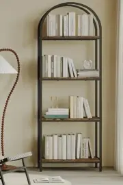 Bookshelf Arched Bookcase, Industrial Curved Metal 4 Tier Arched Rustic Brown