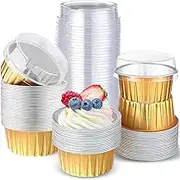 50 Pcs 5oz Reusable Aluminum Foil Cupcake Baking Cups Mini Dessert Pudding Cups with Lid Oven Safe Baking Containers Perfect(Gold)