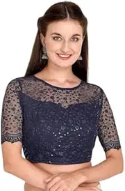 [DENMOUS] Floral Embroidered Sequined Net Saree Blouse - 27313750 Navy Blue, Navy Blue, One Size