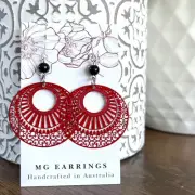 Bright Red Circle Filigree Hoop Charm Dangle Earrings , Eclectic Boho Hippie