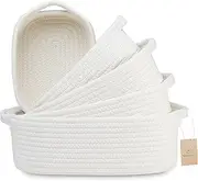 NaturalCozy 5-Piece Rectangle Storage Basket Set- Natural Cotton Rope Woven Baskets for Organizing! Small Basket for Montessori, Baby Nursery, Dog Toy Baskets, Cat Toy Box, Bathroom Organization Bin