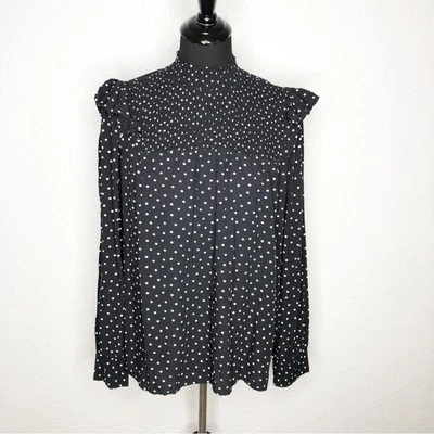 Ann Taylor black white polka dot smocked ruffle trim top size Medium NWT