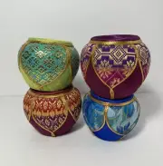 Small Terra-Cotta Clay Pots Cloth Covered Air Beaded Plants Bohemian Set Of 4