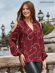 Sosandar Red Chain Print Cold Shoulder Top (692312) | $113
