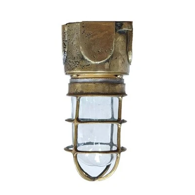 Caged Brass Ceiling Light with Clear Glass Globe - Nautical Fixture
