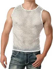 [TUONYIS] Men's Mesh Fishnet Men's Vest Short Sleeve T Shirt Fitted Muscle Top Summer Sexy Club Party Crop Tops Crew Neck Tee See Through Tops Fitted Workout Clubwear Tank Top Vest Undershirt (White)