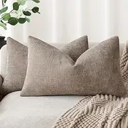 [Foindtower] Set of 2 Textured Chenille Throw Decorative Pillow Covers Square Accent Solid Cushion Cover Neutral Farmhouse Lumbar Pillow Case for Couch Sofa Bedroom Living Room 12x20 Inch,Light Taupe