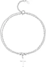[Kokoma] S925 Sterling Silver Cross Anklet for Women Simple Geometry Dangle Double Layered Ankle Adjustable Statement Foot Chains Link Dainty Jewelry, Adjustable, Sterling Silver, no gemstone