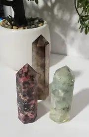 3 Pc Towers Lot Mixed Materials W67 Smoky , Mookaite, Prehnite