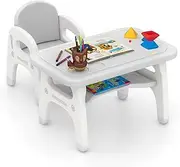 HONEY JOY Kids Table and Chair Set, Activity Table w/Cute Dinosaur Shape Chair, Storage Shelf, Building Blocks, Children Desk Chair Set for Learning Playing Drawing, Table Chair for Preschool, Grey
