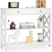 Giantex 3-Tier Console Table, Sofa Table with 1 Drawer and 2 Storage Shelves, Entryway Table with X-Design for Hallway, Living Room and Entryway, White