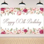 Vlipoeasn Elegant White Happy 60th Birthday Decorations for Women Rose Gold Flower Peony Photography Backdrop for 60th Birthday Party Surprise for Mother Cheers to 60 Years Old Birthday Party Supplies