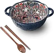 Soup Bowls with Handles Noodle Ramen Curry Bowl,Ramen Bowl with Chopsticks and Ramen Spoons,Ramen Bowl Set for 1 Person,Ceramic Soup Bowl,Porridge Bowl,Decorative Punch Bowl-green-1000ml