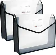 Expandable File Organizer with Button Closure, Clear Plastic Document Folders, Set of 2, Black Trim