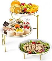 Lifewit 3 Tier Plastic Serving Tray Platter for Party Entertaining, 10" x 10" Large Dessert Table Display Set, White Reusable Round Dishes with Gold Metal Display Stand for Veggie, Fruit, Cookies