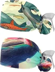 [YTYVAGT] 2-Pc,Nurse Scrub Caps,Scrub Hats with Buttons and Cotton Sweatband,Art Whale Animal Pattern