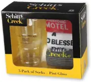 CultureFly Schitt's Creek 3 Pairs of Socks, Rose Apothecary Pint Glass Gift Set