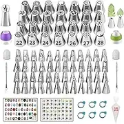 YOQXHY 193 Pcs Russian Piping Tips Set, with 28 Numbered Russian Tips,48 Numbered Icing Tips,1 Ball Tip,2 Leaf Tips,Pattern Chart,100 Pastry Bags,4 Couplers,6 Bag Ties for Cake Decorating