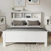 Artiss Double Bed Frame with 5 Grid Storage Bookshelf Headboard, Wooden Bed Base with 29CM Under Storage, Solid Platform Bedframe, No Box Spring Needed for Guest Room, Bedroom Furniture, Easy Assembly