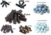 4 5 8 9 10 Pcs Ceramic Logs And 24 Pcs Pebbles for Gas Fireplace, Stove, Firepit