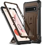 [Poetic] Revolution Case for Google Pixel 6 Pro 5G, Built-in Screen Protector Work with Fingerprint ID, Full Body Rugged Shockproof Protective Cover Case with Kickstand, Brown