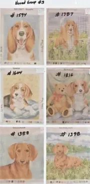 Hound Group 3 ~ Basset, Beagle + Dachshund, Hand Painted Needlepoint Dog Canvas