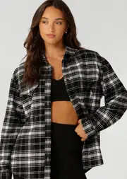 [Lorna Jane] Weekend Away Flannel Shirt in Print, Size - Medium M Black Check